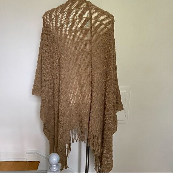 COPY - Textured Neutral Blanket Poncho Fringe Wrap Scarf - Picture 9 of 11